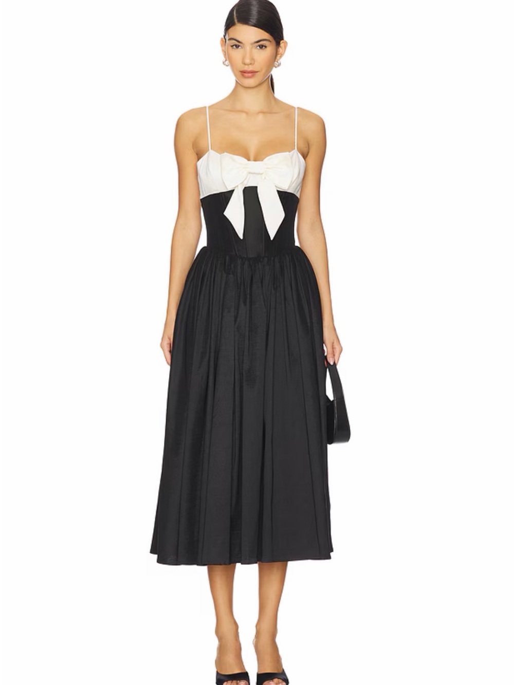 Emalie Midi Dress in Black - For Love & Lemons Black Midi Dress with White Bow